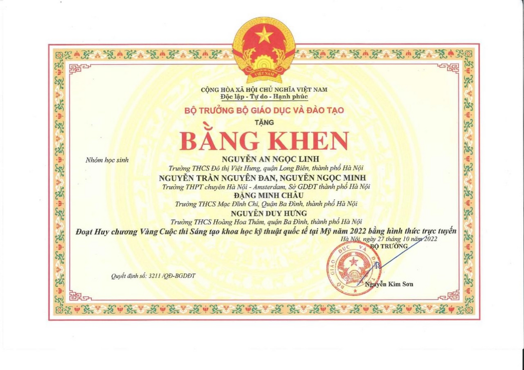 Học sinh trường THCS Mạc Đĩnh Chi được nhận Bằng khen của Bộ trưởng Bộ Giáo dục và Đào tạo