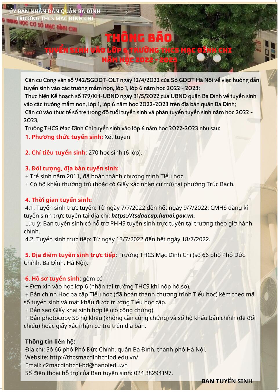 Tuyển sinh vào lớp 6 trường THCS Mạc Đĩnh Chi  năm học 2022 - 2023