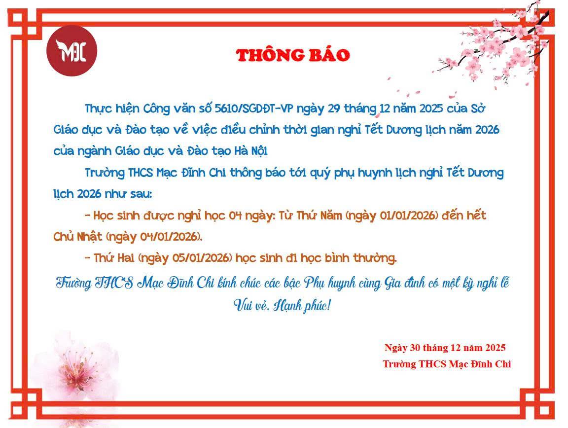 Thông báo nghỉ Tết Dương lịch 2026