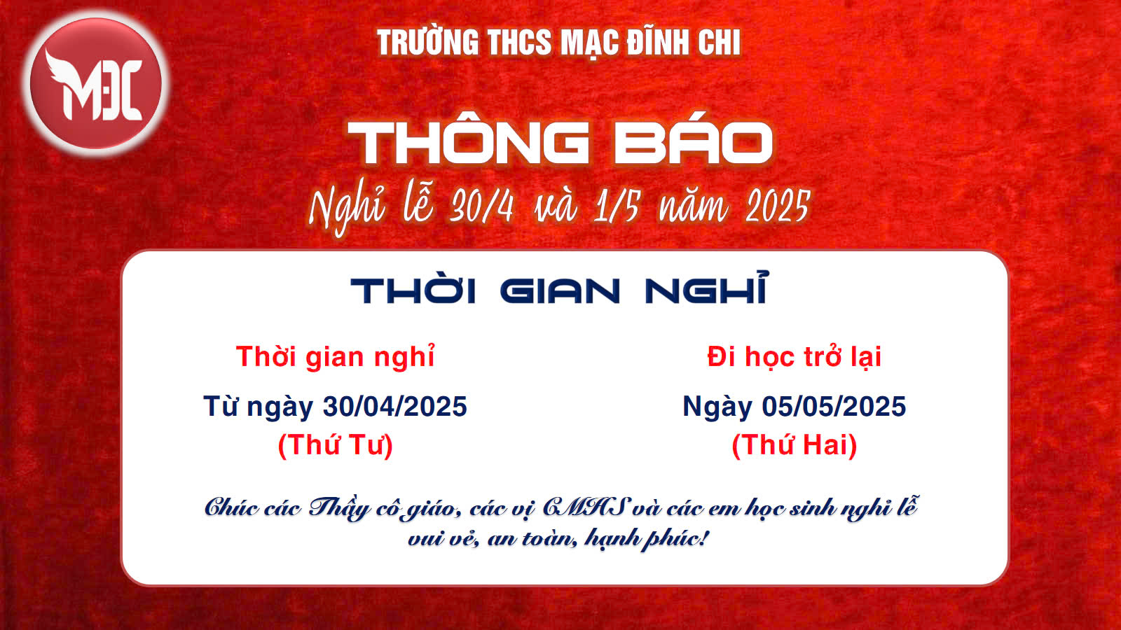 Thông báo Nghỉ lễ ngày Chiến thắng 30/4 và ngày Quốc tế lao động 01/5 năm 2025