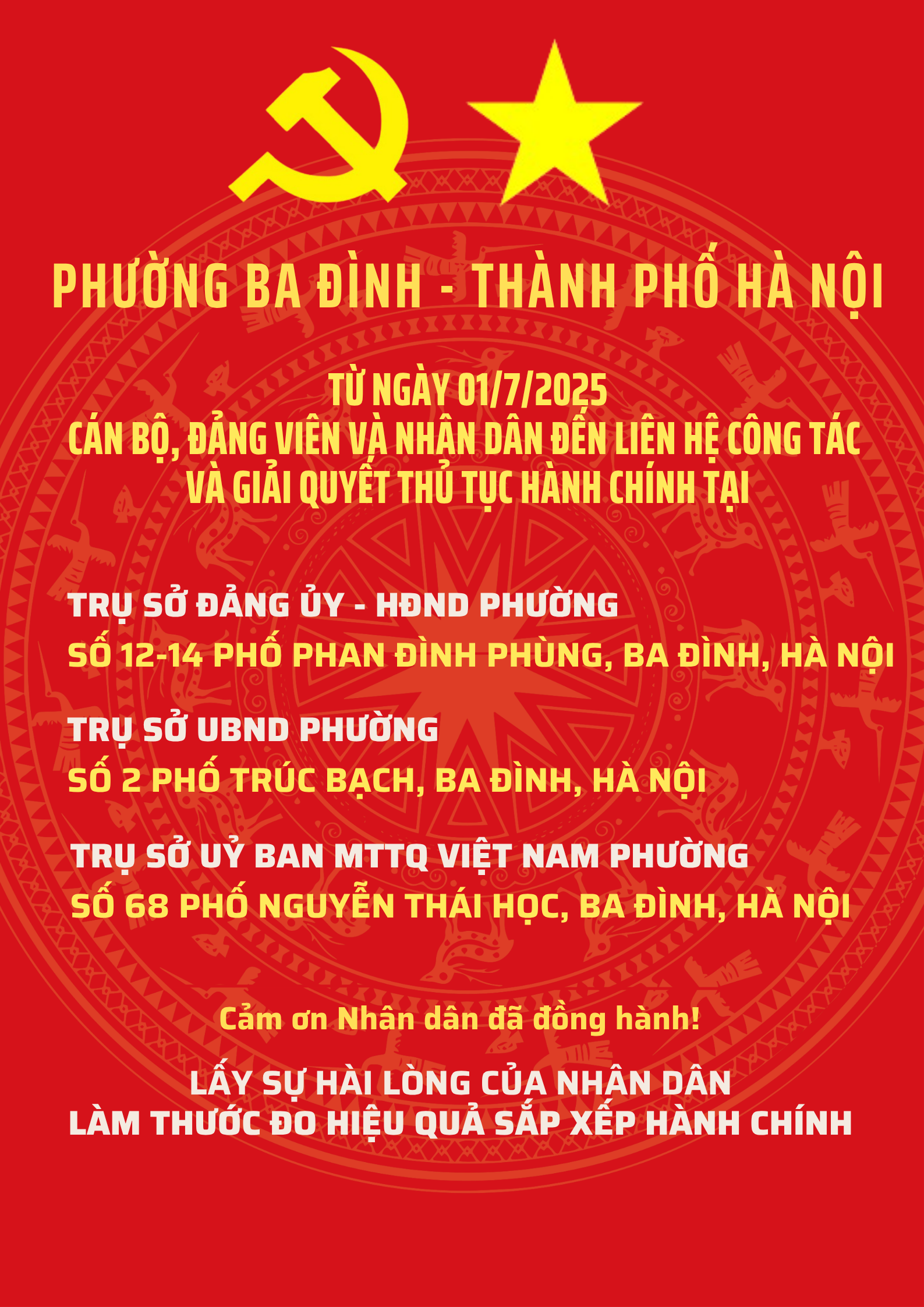 Thông báo về địa điểm liên hệ công tác và giải quyết thủ tục hành chính phường Ba Đình