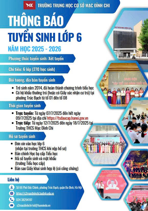 Thông báo tuyển sinh lớp 6 trường THCS Mạc Đĩnh Chi năm học 2025 - 2026