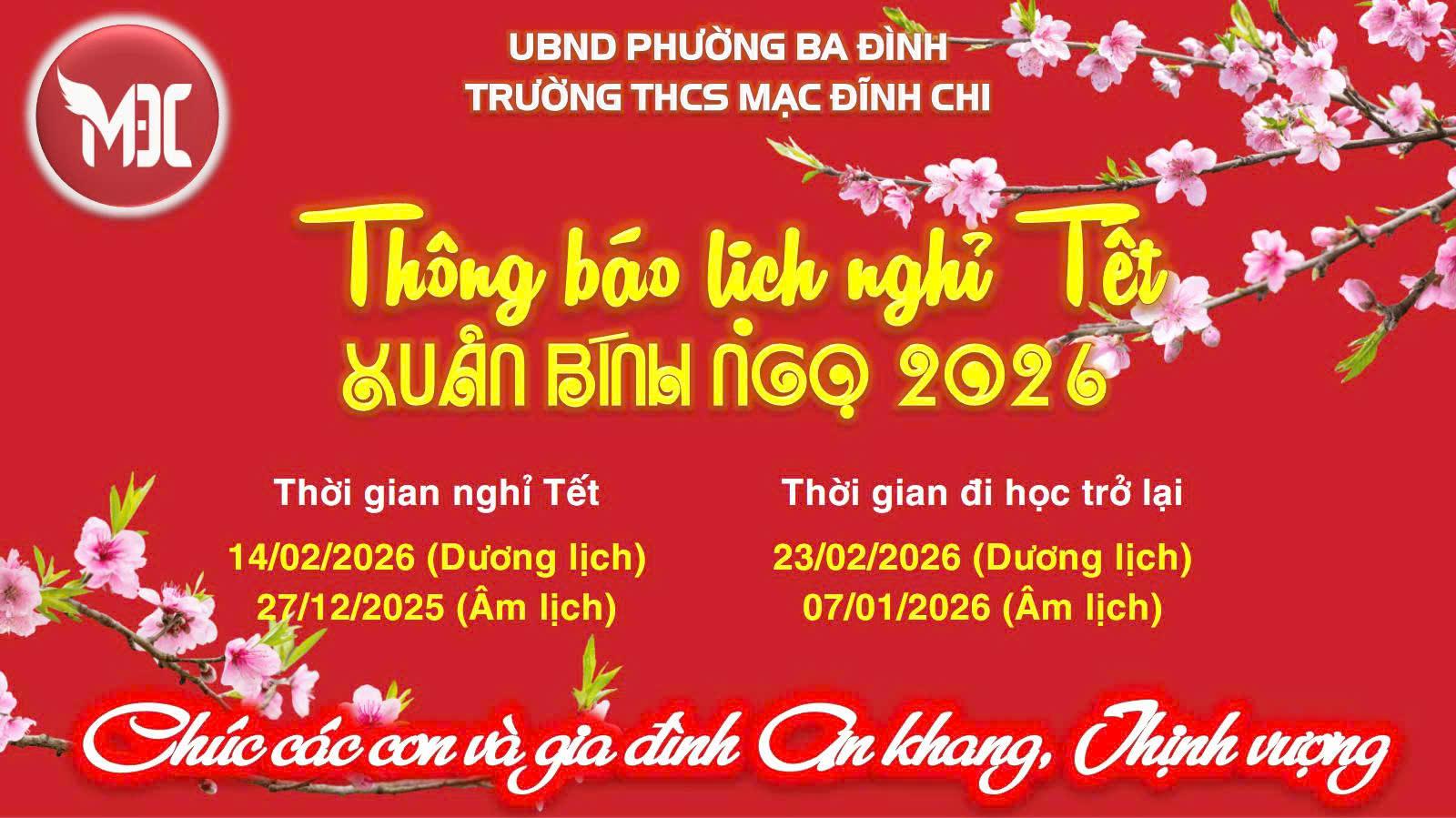 Thông báo Lịch nghỉ Tết Nguyên đán Bính Ngọ 2026